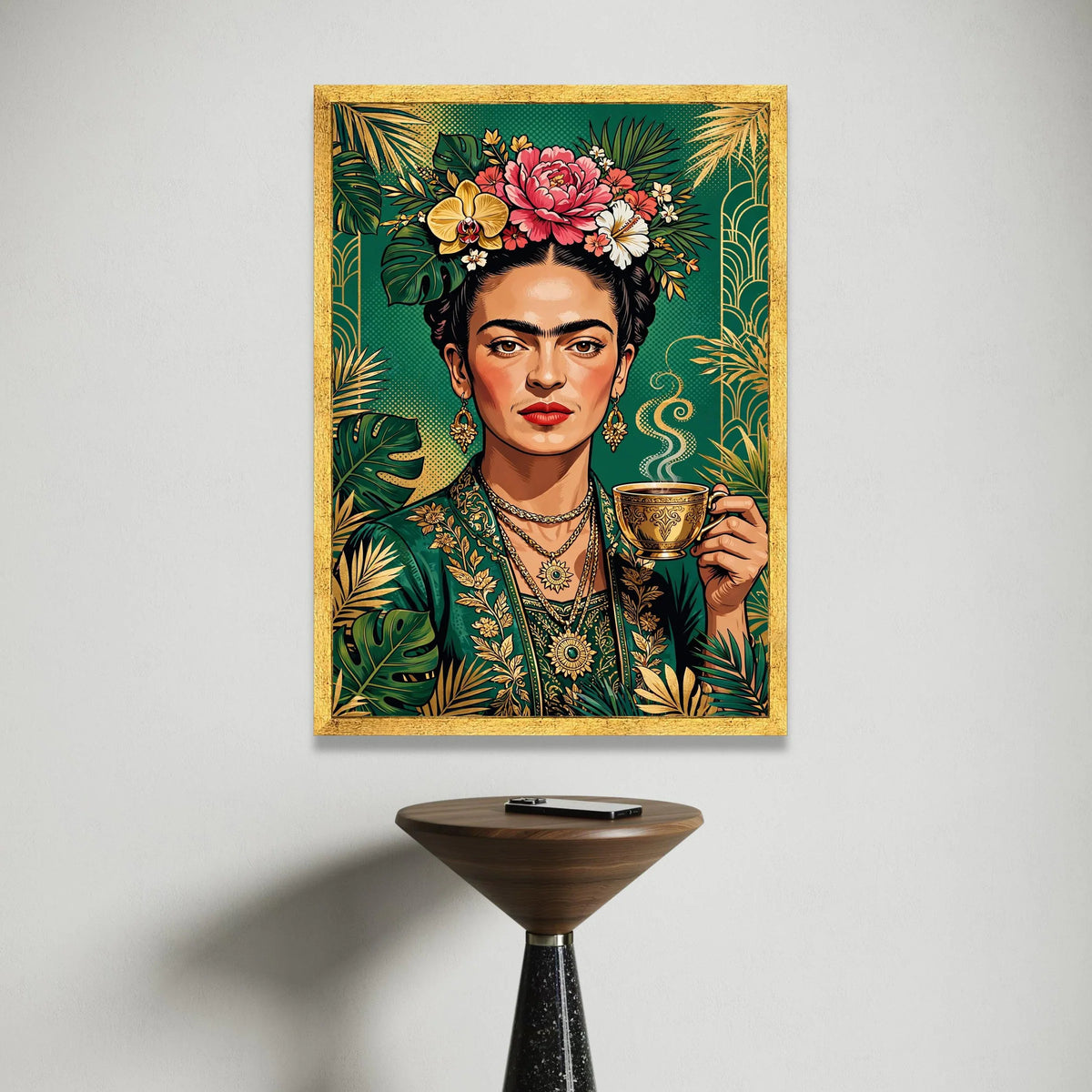 Vibrant Floral Portrait Canvas, Woman with Flowers and Tea Cup, Botanical Green and Gold Wall Art, Decorative Portrait Canvas Print Art