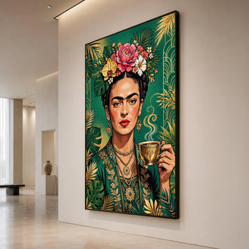 Vibrant Floral Portrait Canvas, Woman with Flowers and Tea Cup, Botanical Green and Gold Wall Art, Decorative Portrait Canvas Print Art