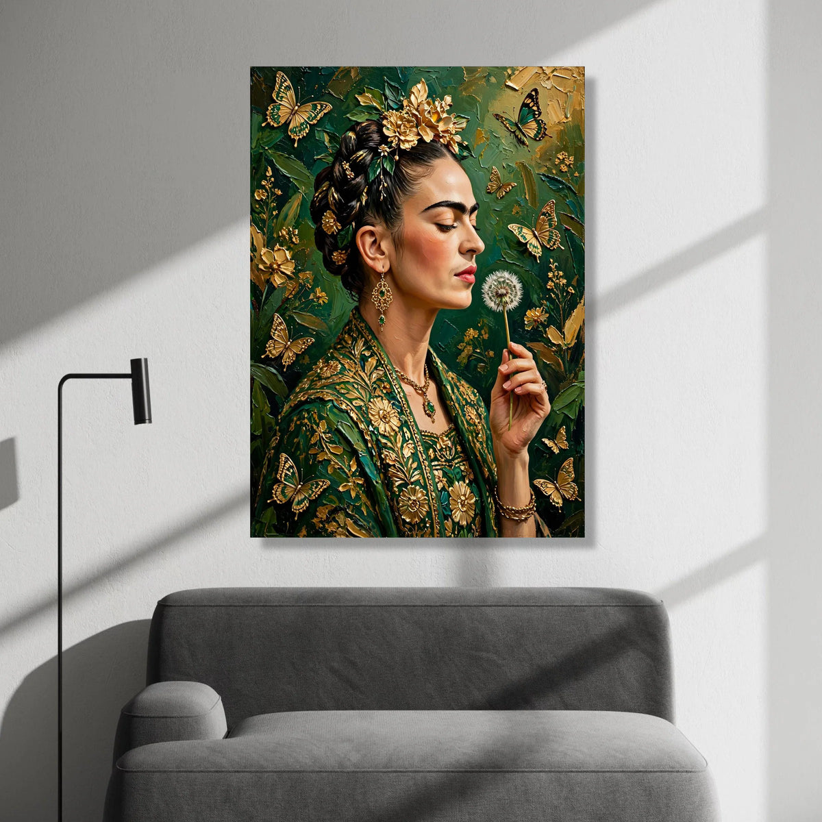 Elegant Woman with Golden Flowers and Butterflies Canvas, Floral Portrait Wall Art, Green and Gold Home Decoration, Ready Canvas Print Art