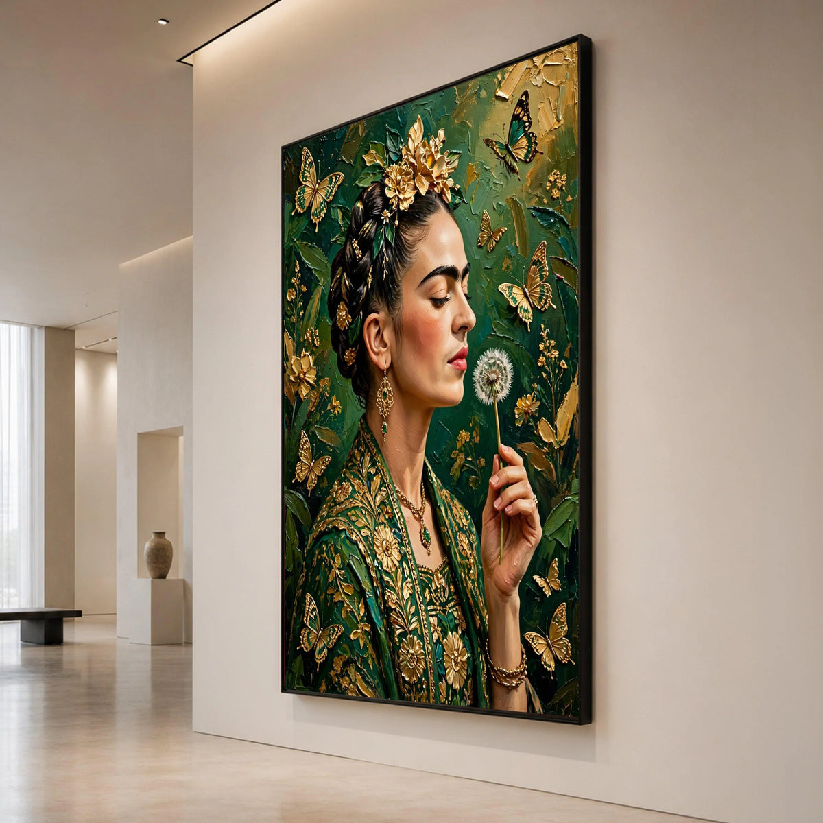 Elegant Woman with Golden Flowers and Butterflies Canvas, Floral Portrait Wall Art, Green and Gold Home Decoration, Ready Canvas Print Art