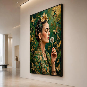 Elegant Woman with Golden Flowers and Butterflies Canvas, Floral Portrait Wall Art, Green and Gold Home Decoration, Ready Canvas Print Art