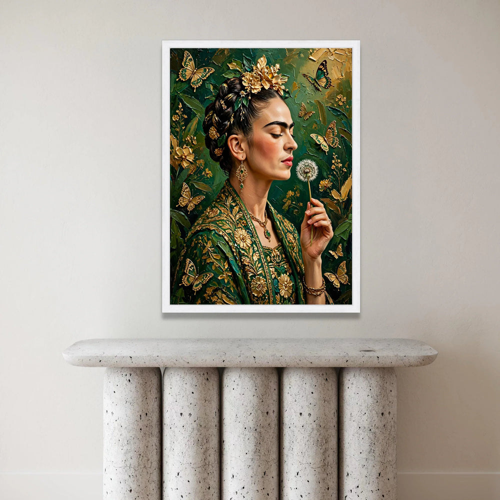 Elegant Woman with Golden Flowers and Butterflies Canvas, Floral Portrait Wall Art, Green and Gold Home Decoration, Ready Canvas Print Art