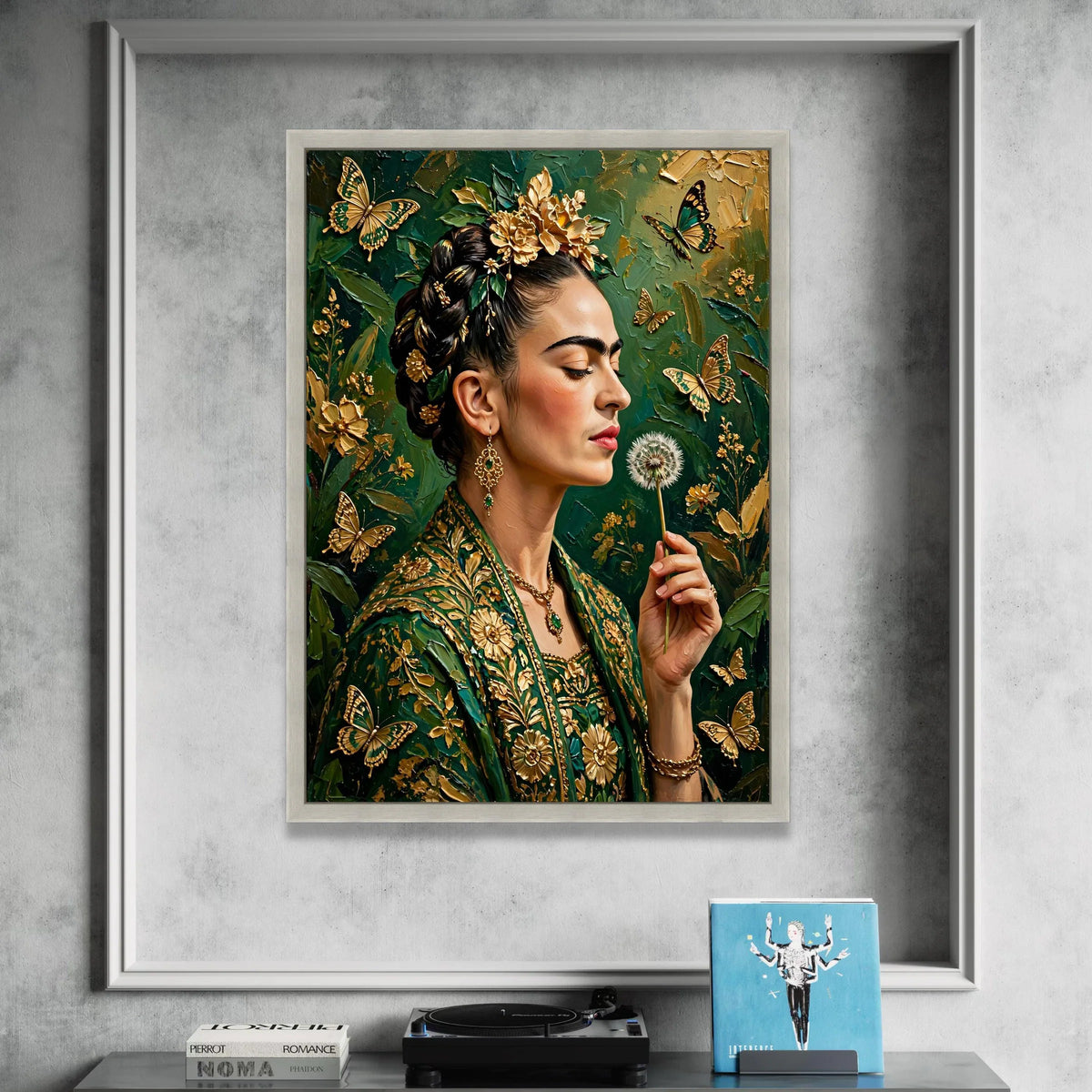 Elegant Woman with Golden Flowers and Butterflies Canvas, Floral Portrait Wall Art, Green and Gold Home Decoration, Ready Canvas Print Art