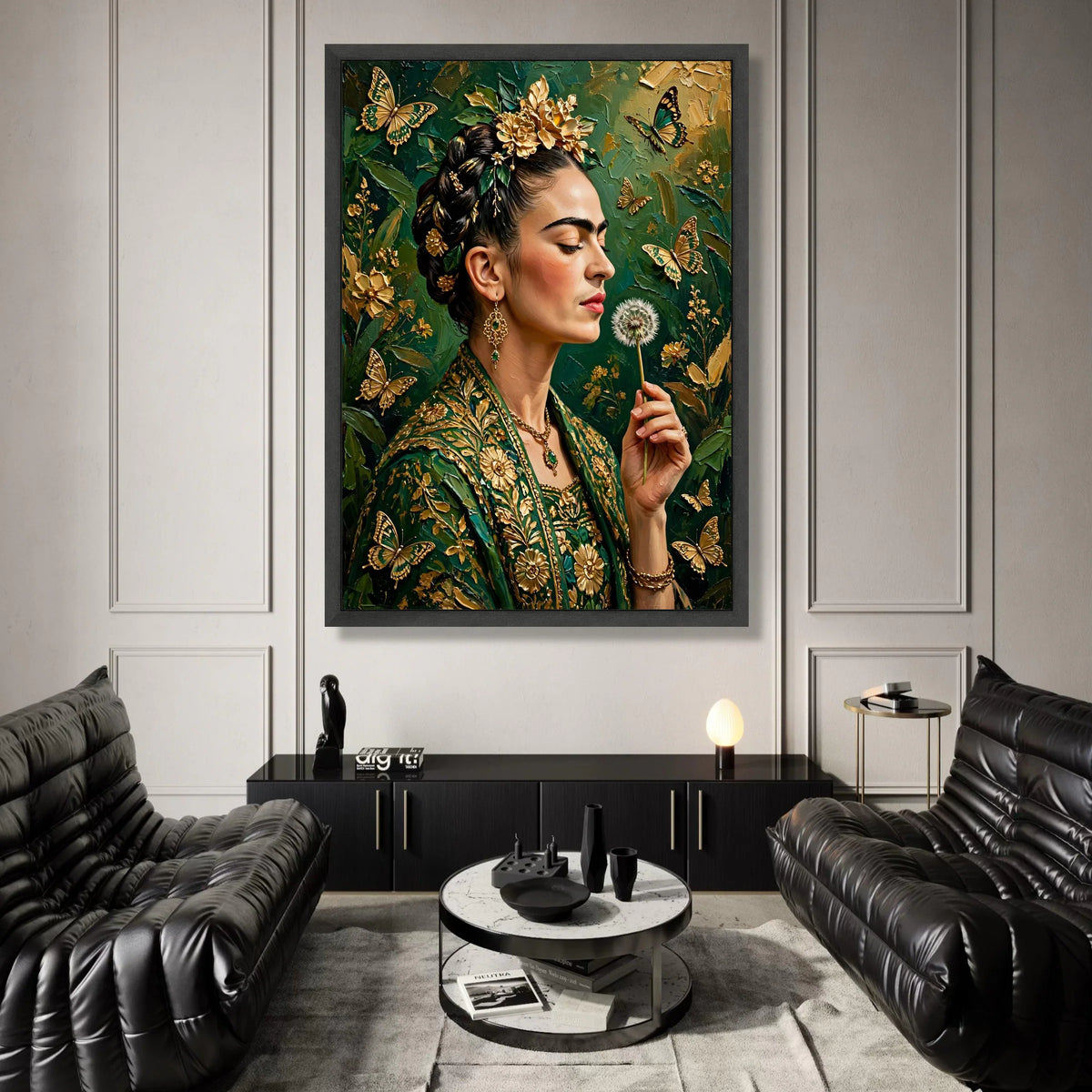 Elegant Woman with Golden Flowers and Butterflies Canvas, Floral Portrait Wall Art, Green and Gold Home Decoration, Ready Canvas Print Art