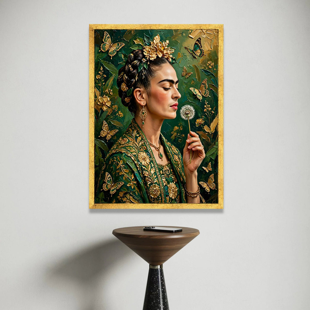 Elegant Woman with Golden Flowers and Butterflies Canvas, Floral Portrait Wall Art, Green and Gold Home Decoration, Ready Canvas Print Art