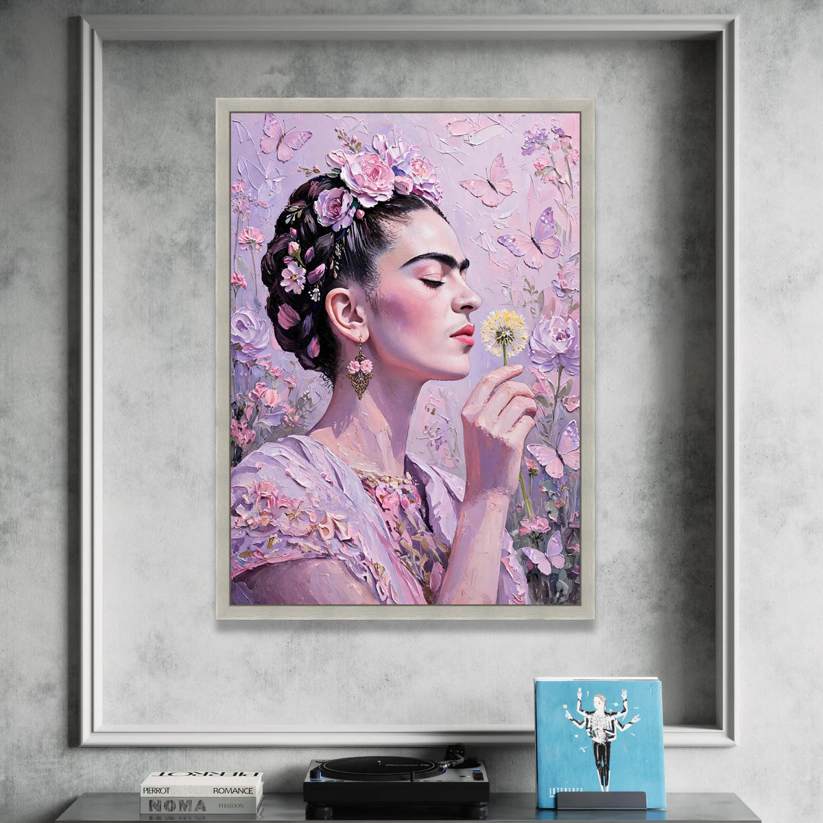 Elegant Woman with Floral Crown, Butterfly Canvas Wall Art, Pink Garden Portrait, Romantic Home Decor, Floral Beauty Canvas Canvas Print Art