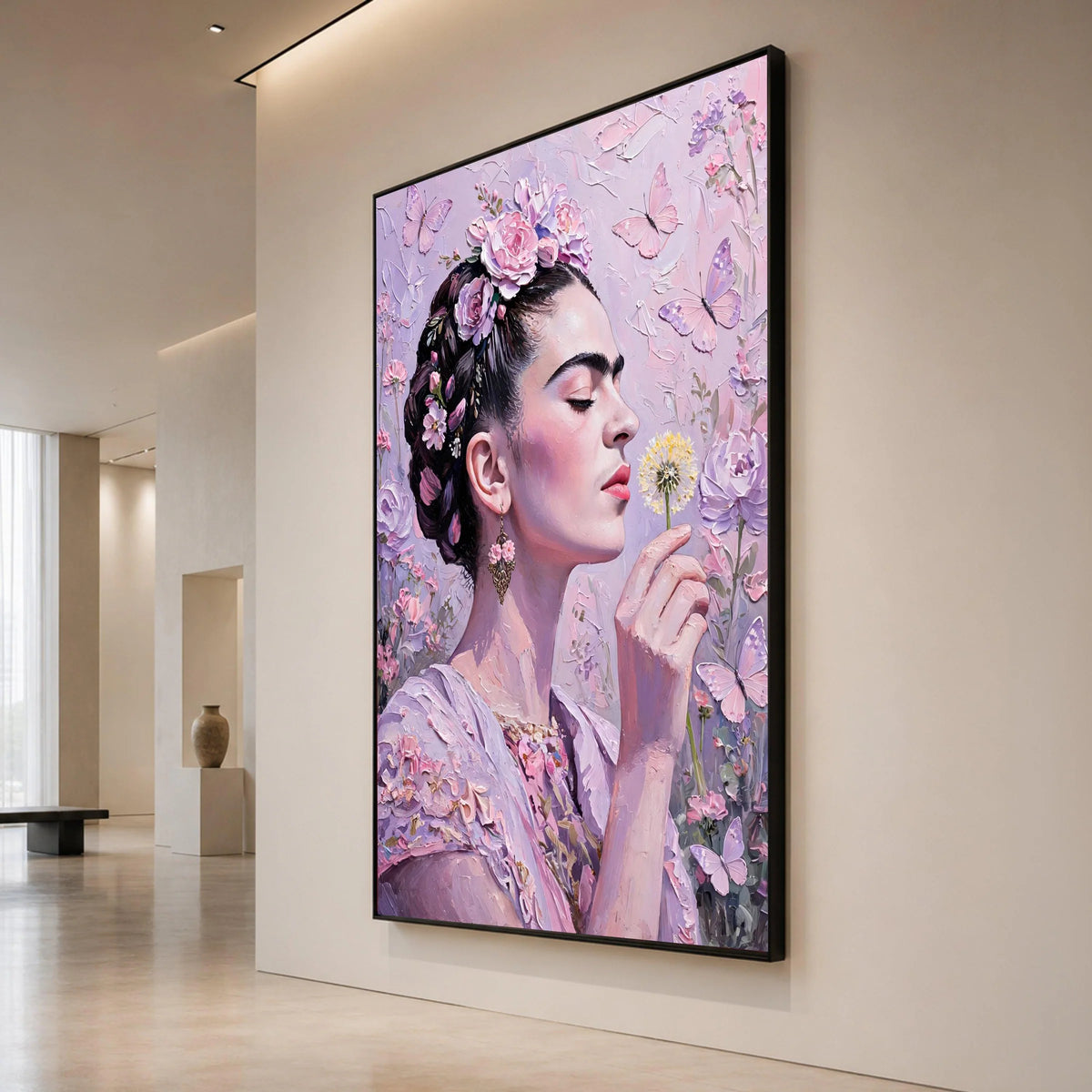 Elegant Woman with Floral Crown, Butterfly Canvas Wall Art, Pink Garden Portrait, Romantic Home Decor, Floral Beauty Canvas Canvas Print Art