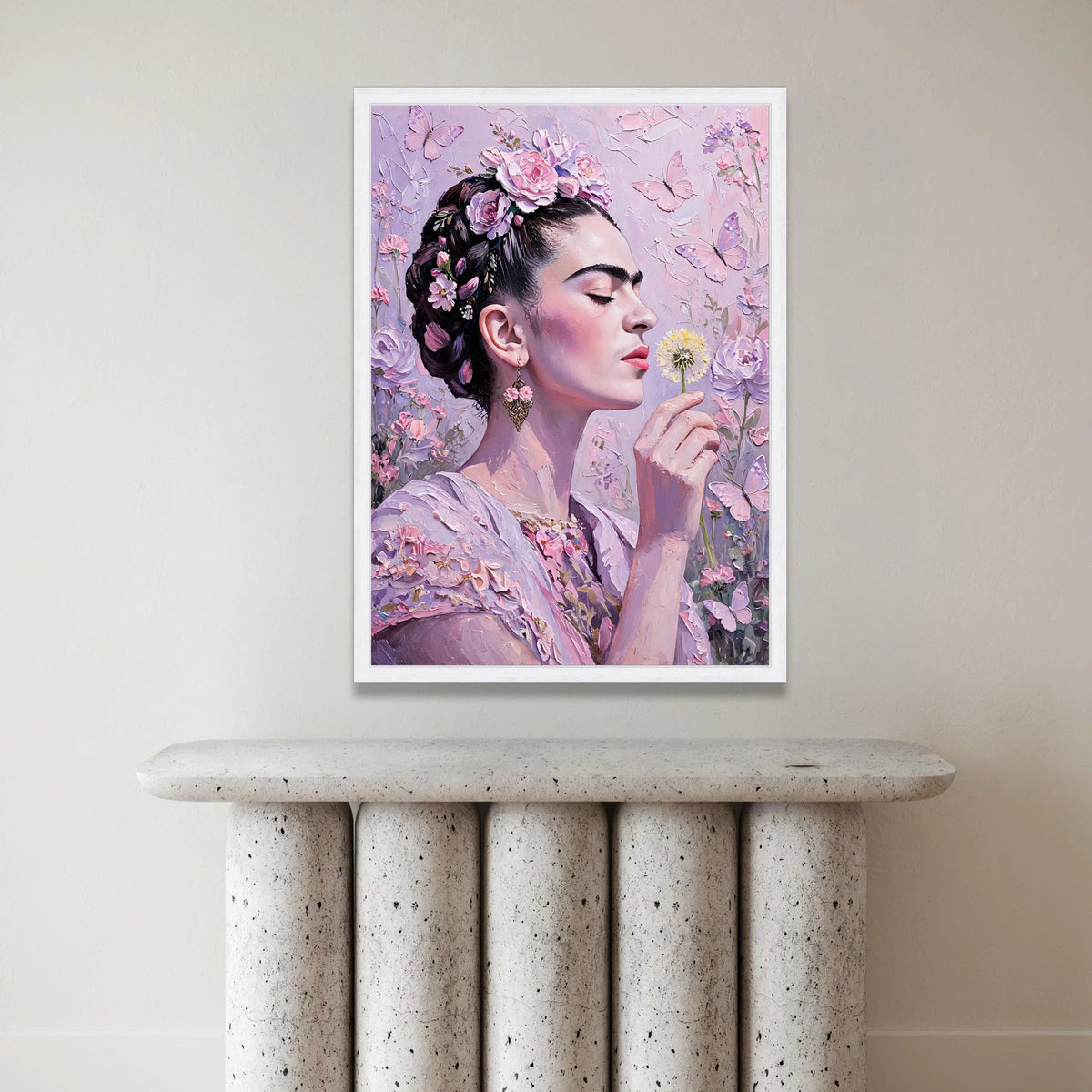 Elegant Woman with Floral Crown, Butterfly Canvas Wall Art, Pink Garden Portrait, Romantic Home Decor, Floral Beauty Canvas Canvas Print Art