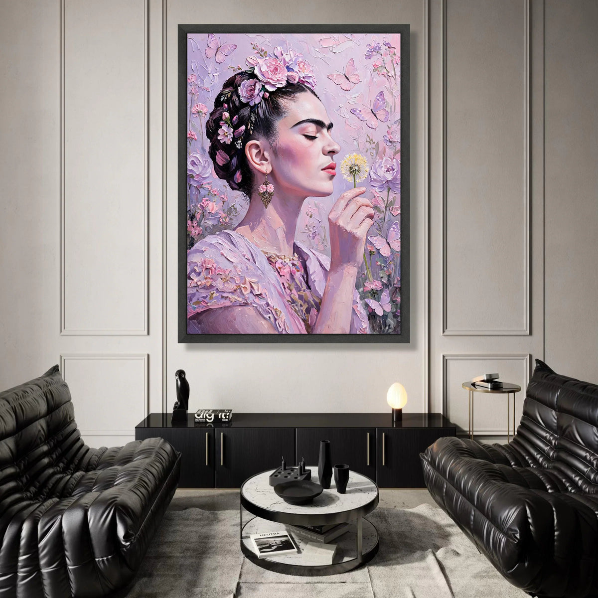 Elegant Woman with Floral Crown, Butterfly Canvas Wall Art, Pink Garden Portrait, Romantic Home Decor, Floral Beauty Canvas Canvas Print Art