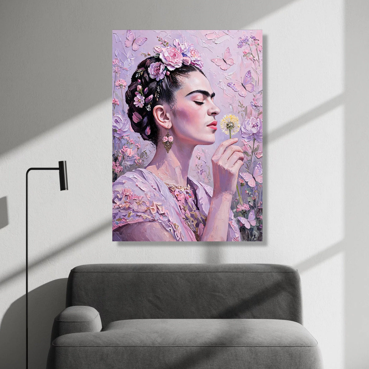 Elegant Woman with Floral Crown, Butterfly Canvas Wall Art, Pink Garden Portrait, Romantic Home Decor, Floral Beauty Canvas Canvas Print Art