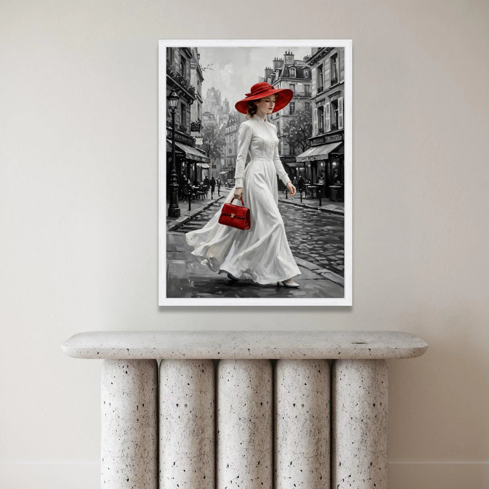 Vintage Paris Street Scene Canvas, Elegant Woman Red Hat and Purse, Monochrome Cityscape Wall Art, Classic Fashion Canvas, Canvas Print Art