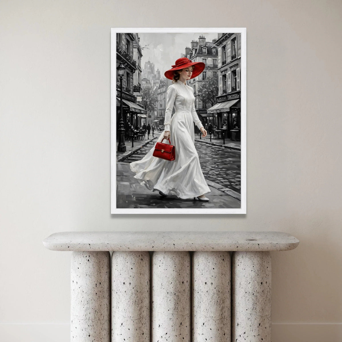 Vintage Paris Street Scene Canvas, Elegant Woman Red Hat and Purse, Monochrome Cityscape Wall Art, Classic Fashion Canvas, Canvas Print Art
