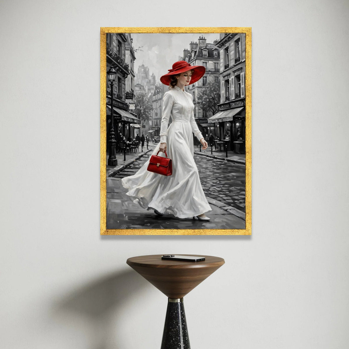 Vintage Paris Street Scene Canvas, Elegant Woman Red Hat and Purse, Monochrome Cityscape Wall Art, Classic Fashion Canvas, Canvas Print Art