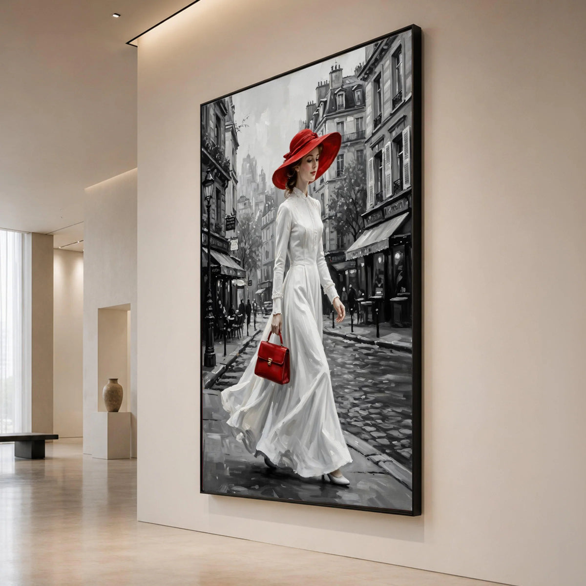 Vintage Paris Street Scene Canvas, Elegant Woman Red Hat and Purse, Monochrome Cityscape Wall Art, Classic Fashion Canvas, Canvas Print Art