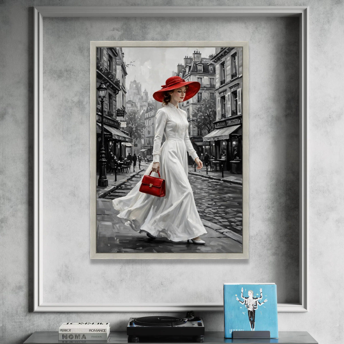 Vintage Paris Street Scene Canvas, Elegant Woman Red Hat and Purse, Monochrome Cityscape Wall Art, Classic Fashion Canvas, Canvas Print Art