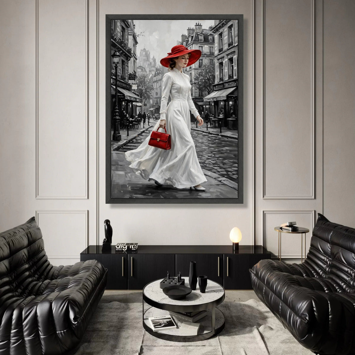 Vintage Paris Street Scene Canvas, Elegant Woman Red Hat and Purse, Monochrome Cityscape Wall Art, Classic Fashion Canvas, Canvas Print Art