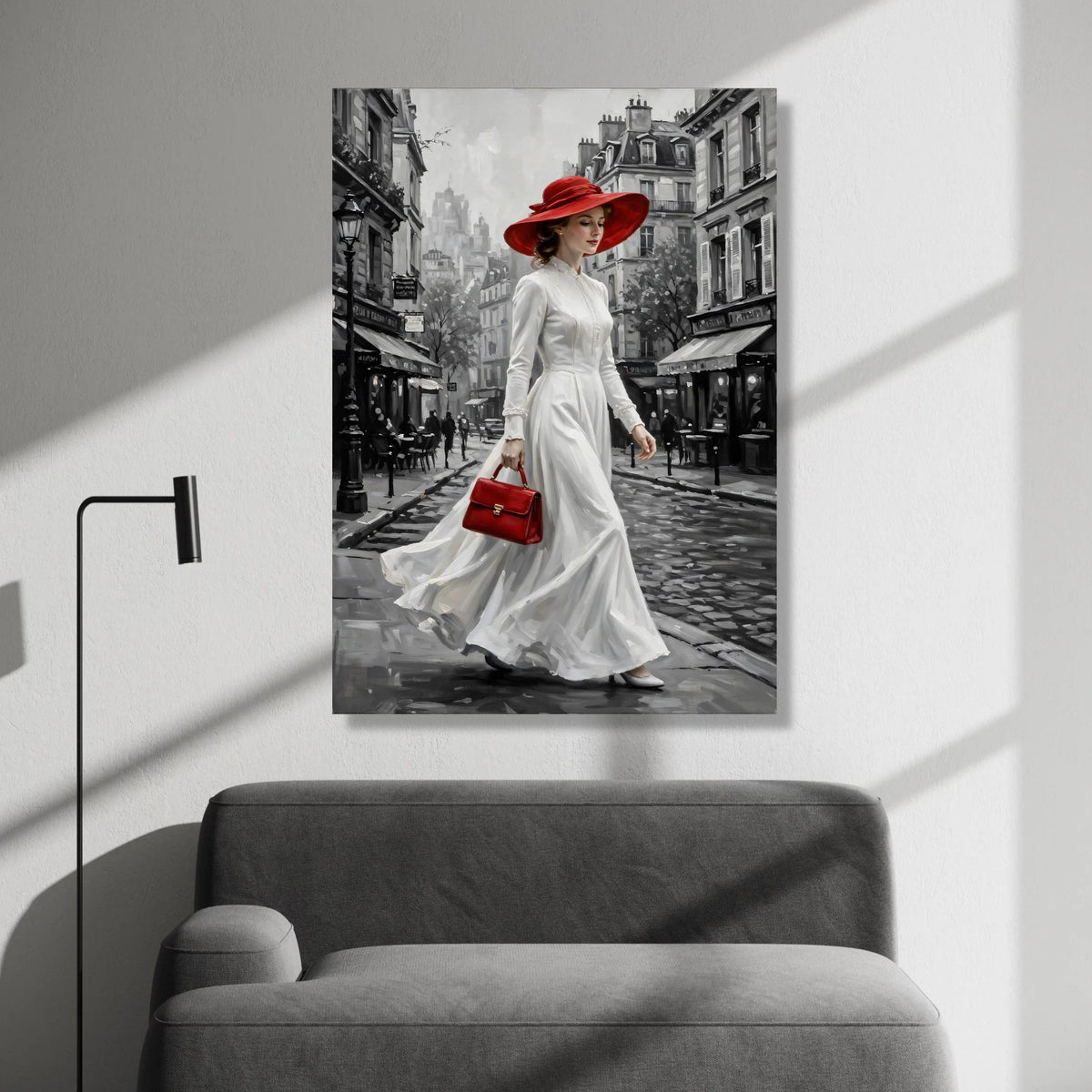 Vintage Paris Street Scene Canvas, Elegant Woman Red Hat and Purse, Monochrome Cityscape Wall Art, Classic Fashion Canvas, Canvas Print Art