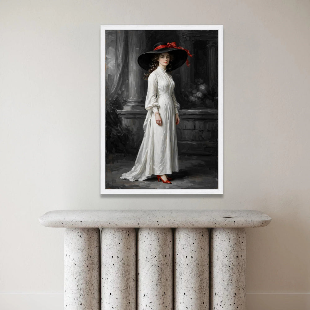 Elegant Victorian Woman White Dress Canvas, Classic Portrait Wall Art, Vintage Fashion Decoration, Black Hat with Red Bow, Canvas Print Art
