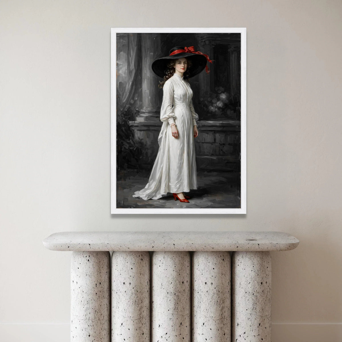 Elegant Victorian Woman White Dress Canvas, Classic Portrait Wall Art, Vintage Fashion Decoration, Black Hat with Red Bow, Canvas Print Art
