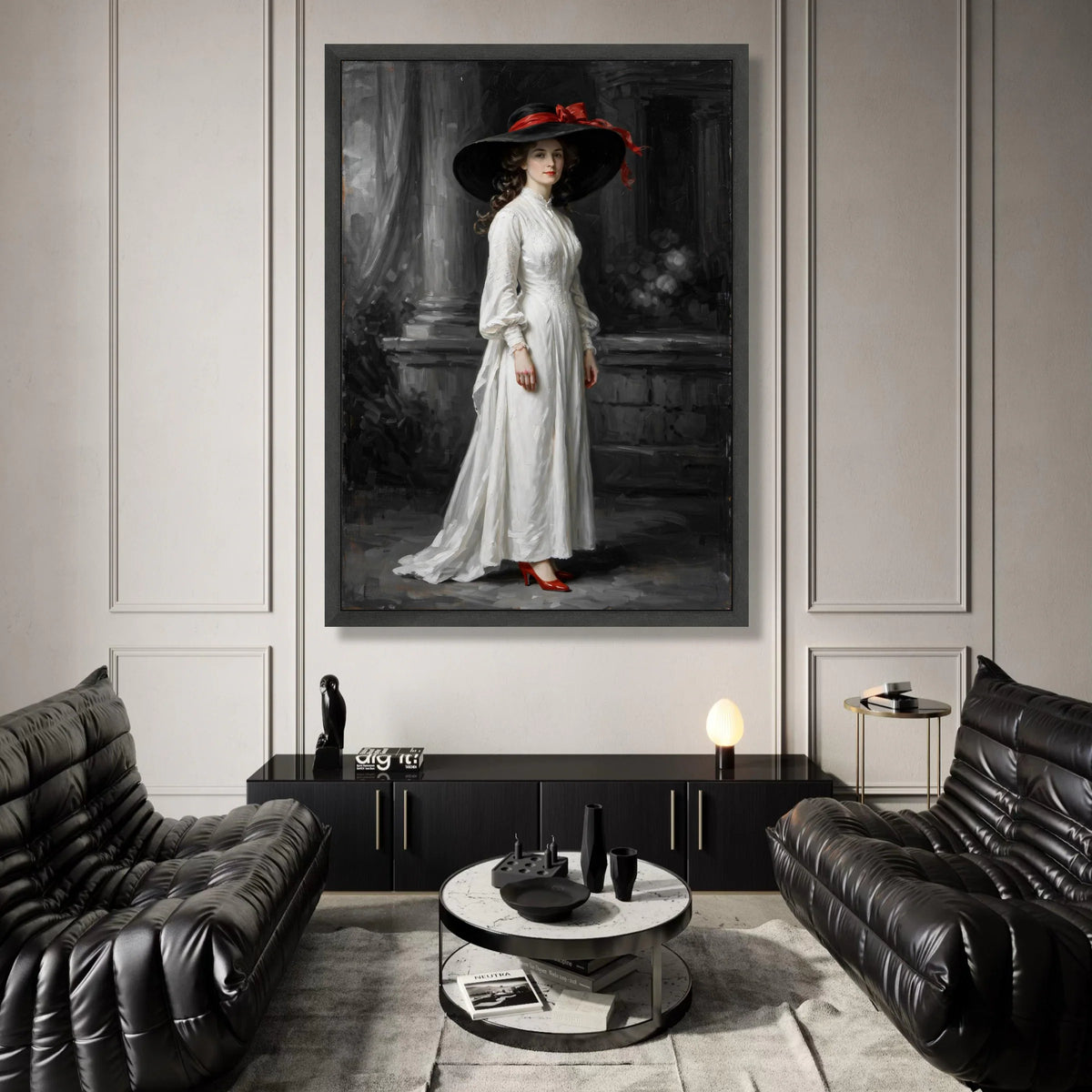 Elegant Victorian Woman White Dress Canvas, Classic Portrait Wall Art, Vintage Fashion Decoration, Black Hat with Red Bow, Canvas Print Art