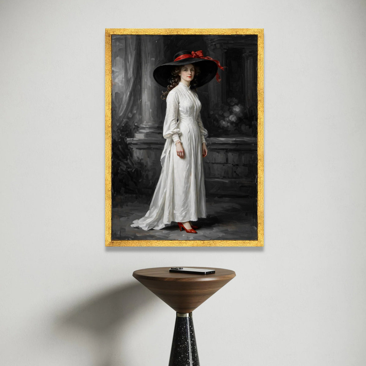 Elegant Victorian Woman White Dress Canvas, Classic Portrait Wall Art, Vintage Fashion Decoration, Black Hat with Red Bow, Canvas Print Art