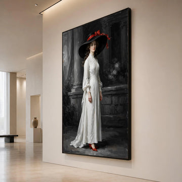 Elegant Victorian Woman White Dress Canvas, Classic Portrait Wall Art, Vintage Fashion Decoration, Black Hat with Red Bow, Canvas Print Art