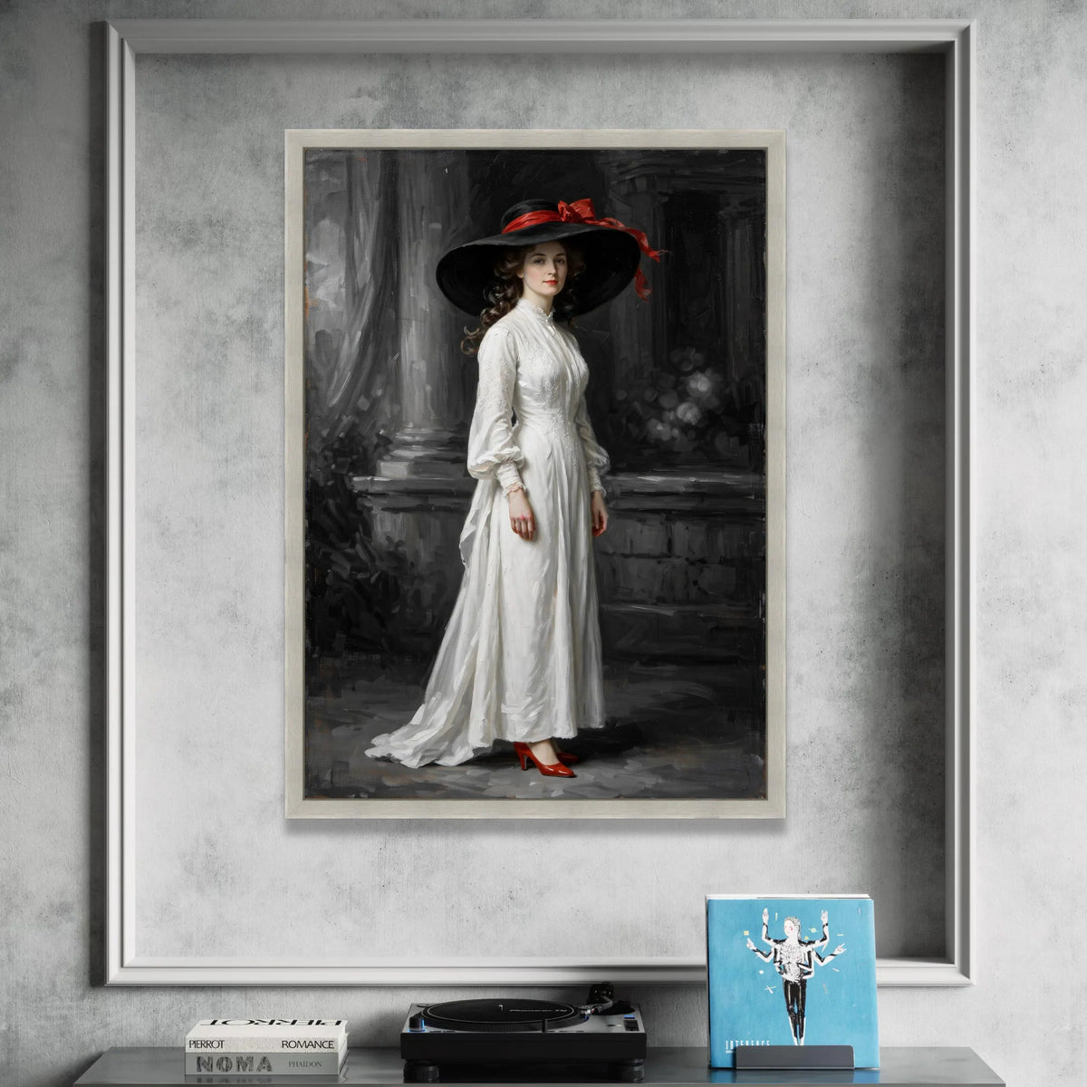 Elegant Victorian Woman White Dress Canvas, Classic Portrait Wall Art, Vintage Fashion Decoration, Black Hat with Red Bow, Canvas Print Art