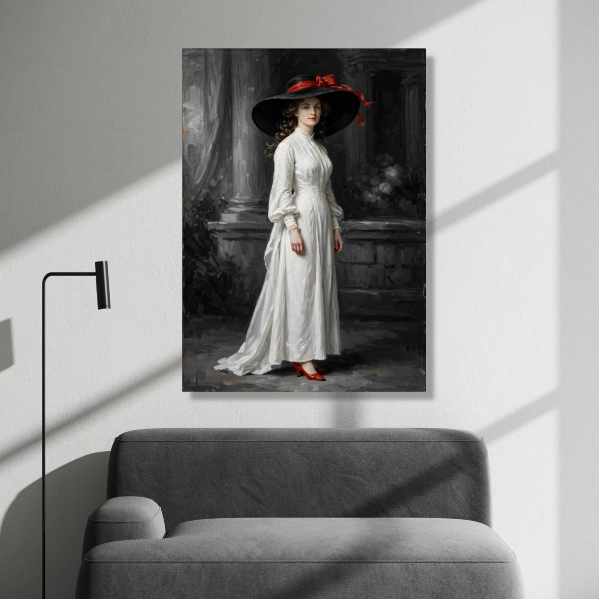 Elegant Victorian Woman White Dress Canvas, Classic Portrait Wall Art, Vintage Fashion Decoration, Black Hat with Red Bow, Canvas Print Art