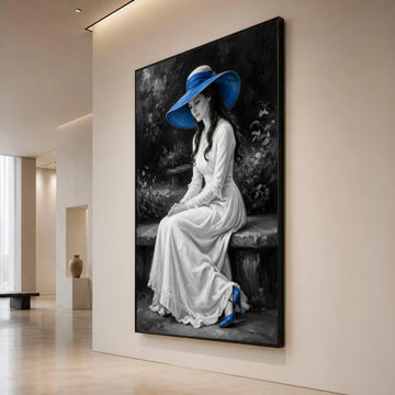 Elegant Woman White Dress with Blue Hat Canvas, Vintage Portrait Wall Art, Classic Fashion Canvas, Romantic Home Canvas Print Art