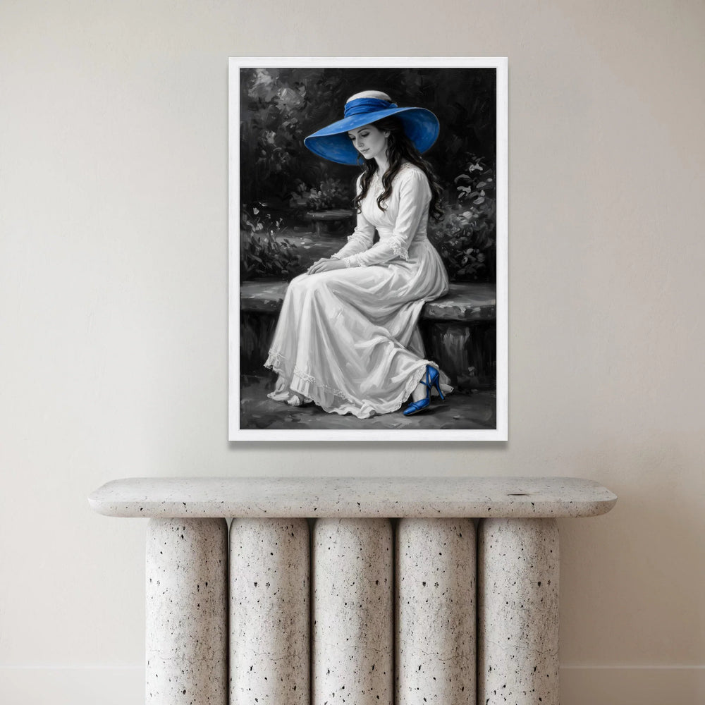 Elegant Woman White Dress with Blue Hat Canvas, Vintage Portrait Wall Art, Classic Fashion Canvas, Romantic Home Canvas Print Art