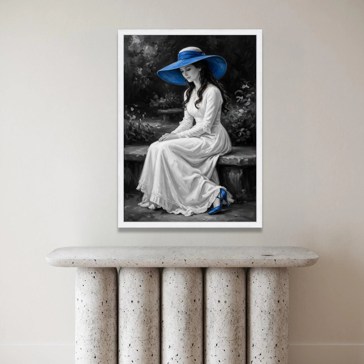 Elegant Woman White Dress with Blue Hat Canvas, Vintage Portrait Wall Art, Classic Fashion Canvas, Romantic Home Canvas Print Art
