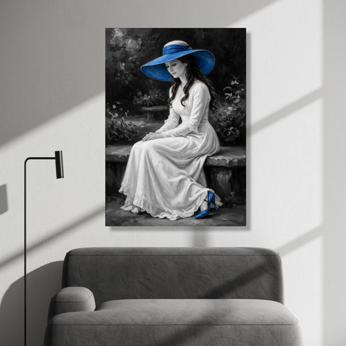 Elegant Woman White Dress with Blue Hat Canvas, Vintage Portrait Wall Art, Classic Fashion Canvas, Romantic Home Canvas Print Art