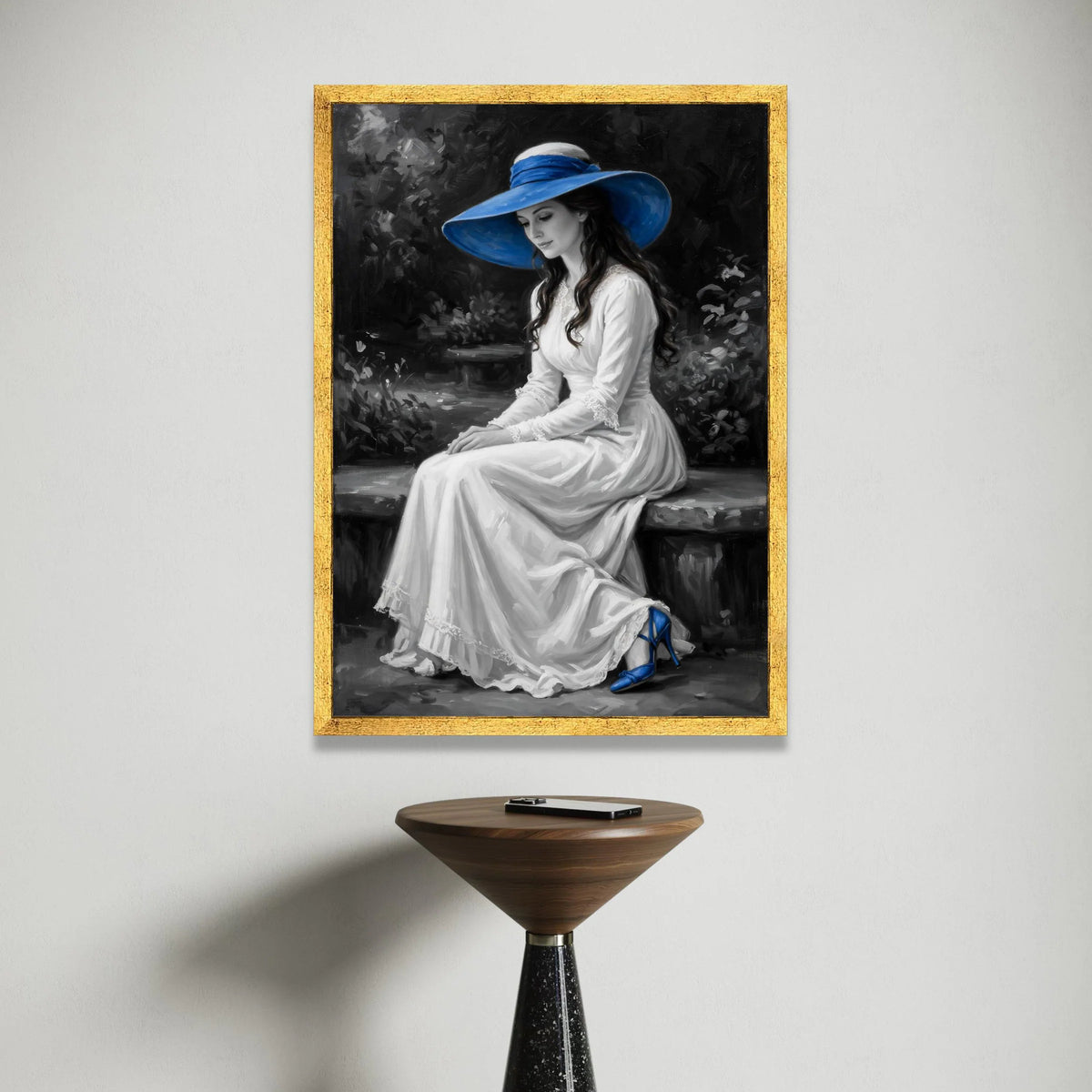 Elegant Woman White Dress with Blue Hat Canvas, Vintage Portrait Wall Art, Classic Fashion Canvas, Romantic Home Canvas Print Art