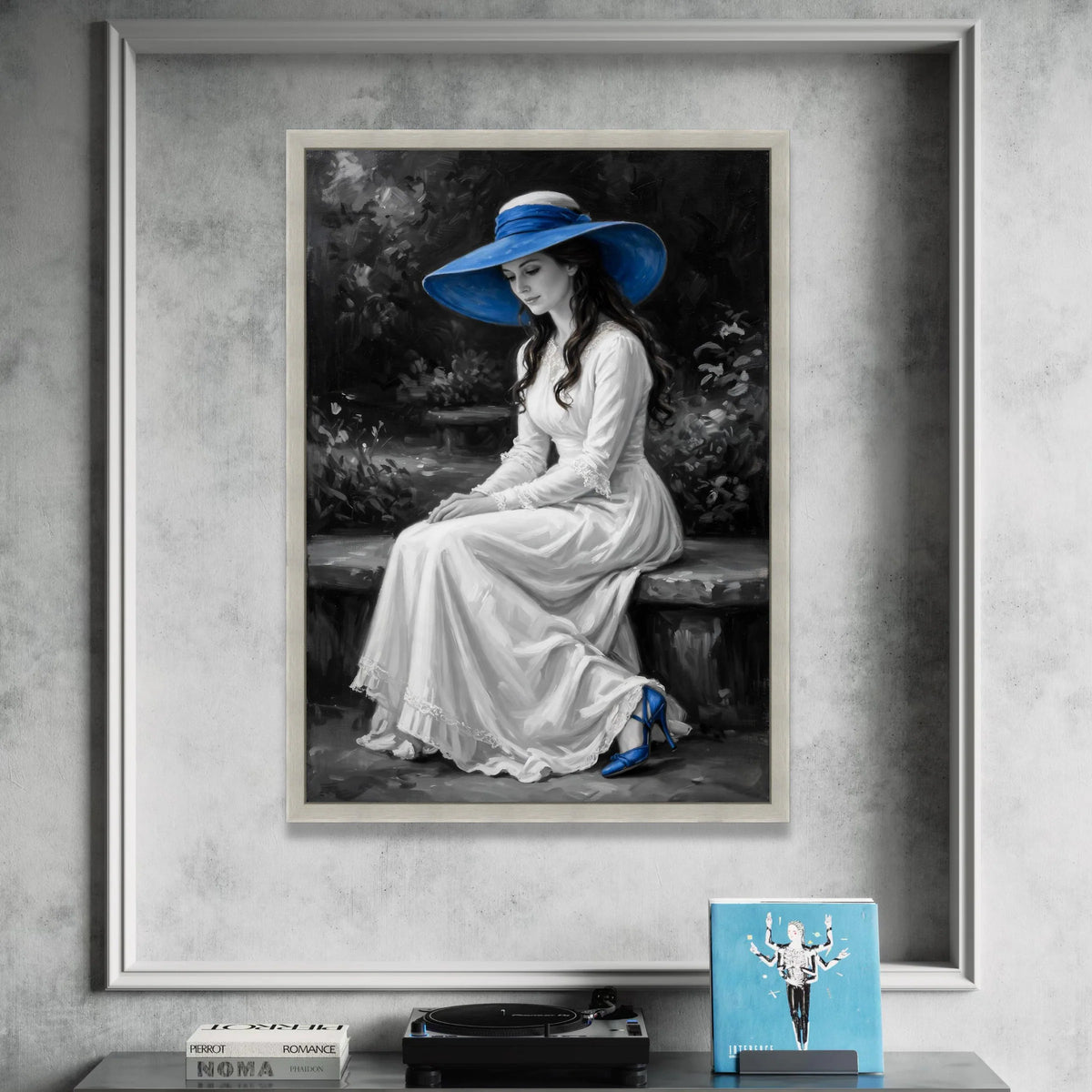 Elegant Woman White Dress with Blue Hat Canvas, Vintage Portrait Wall Art, Classic Fashion Canvas, Romantic Home Canvas Print Art