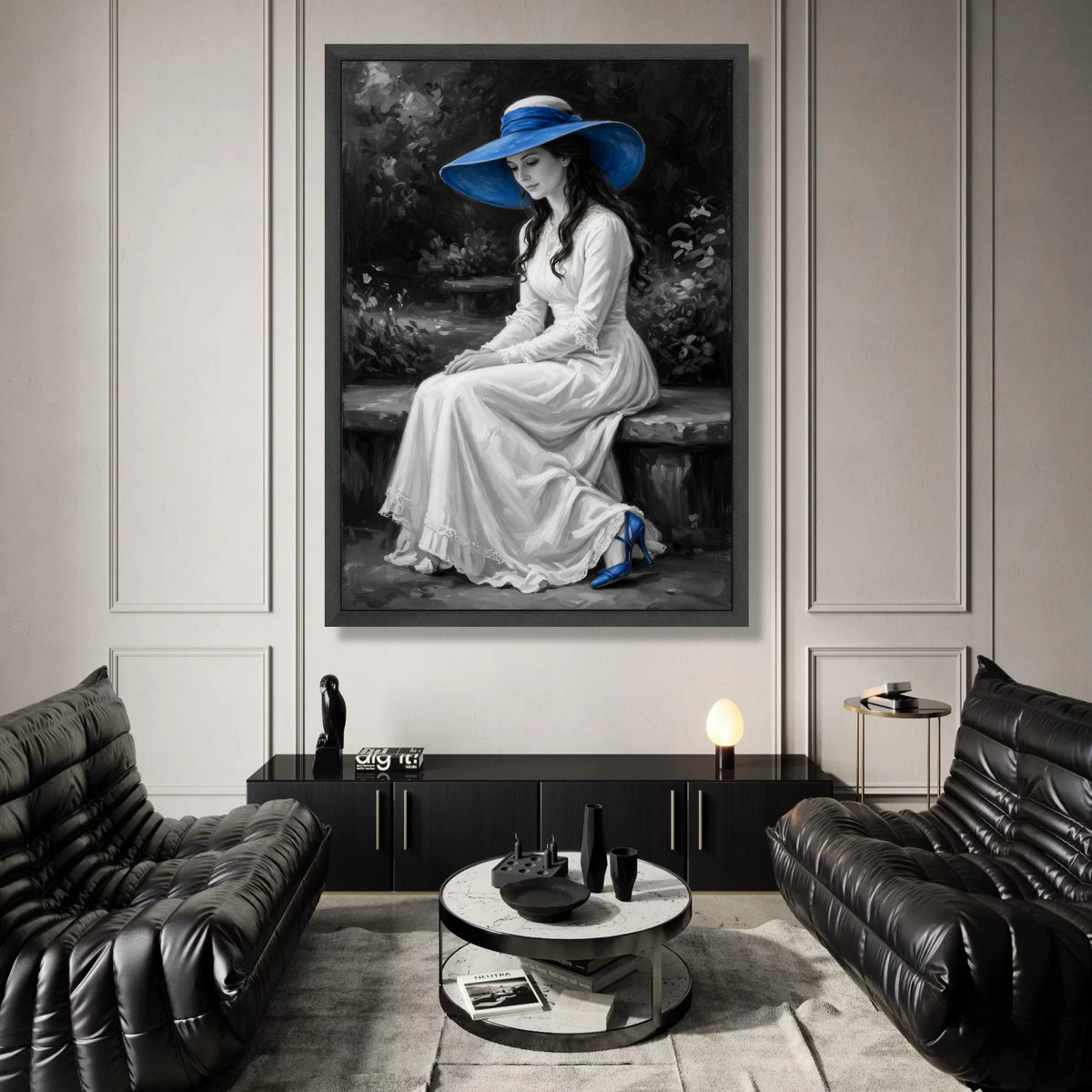 Elegant Woman White Dress with Blue Hat Canvas, Vintage Portrait Wall Art, Classic Fashion Canvas, Romantic Home Canvas Print Art