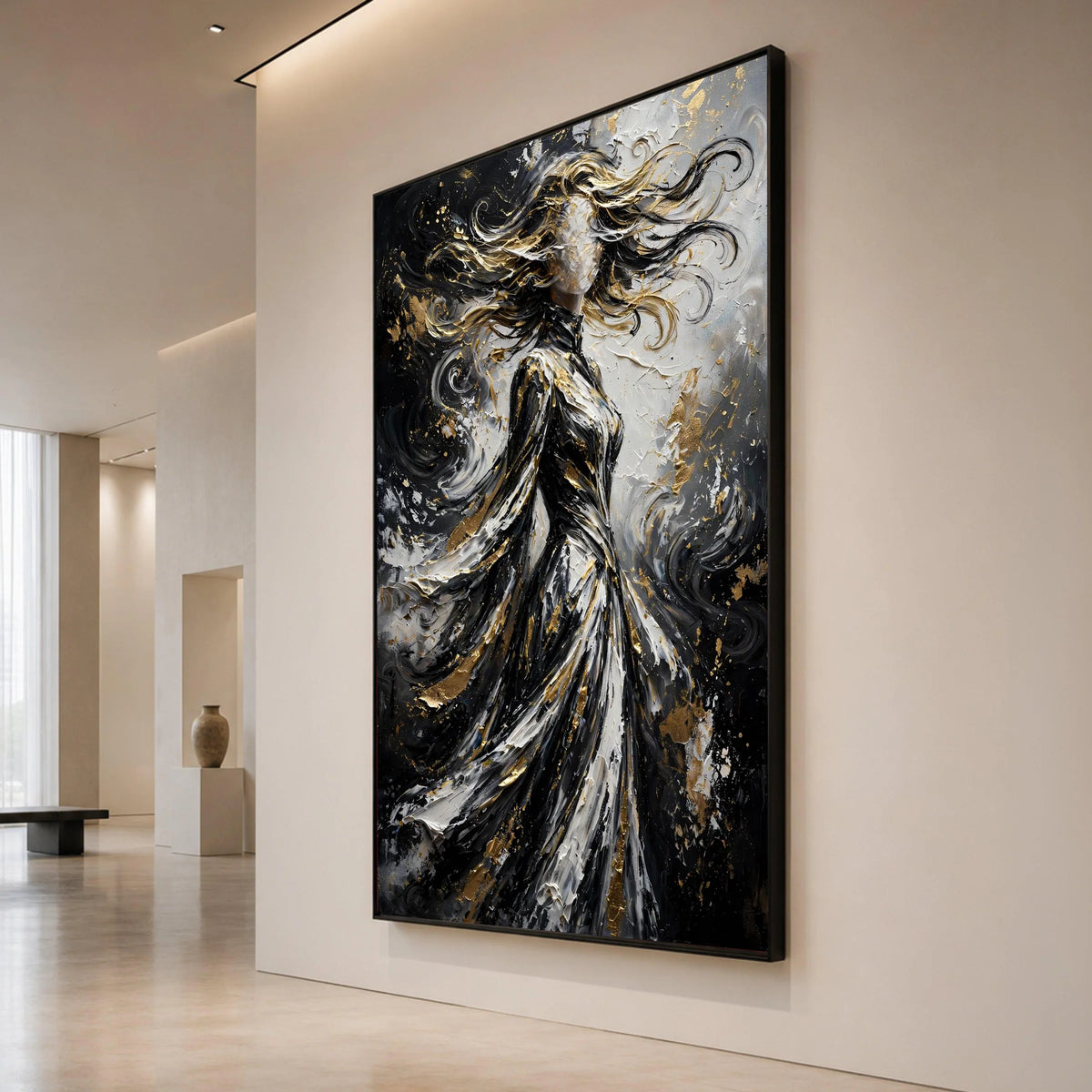 Abstract Woman Silhouette Canvas, Flowing Hair Art, Black White Gold Canvas, Modern Figurative Wall Art, Home Decoration Canvas Print Art