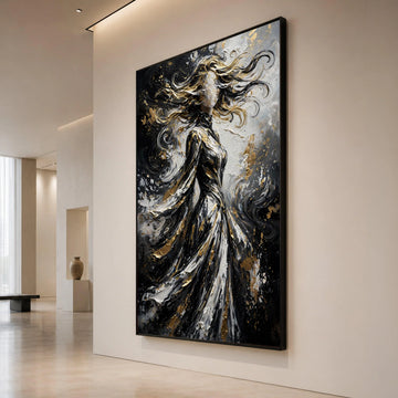 Abstract Woman Silhouette Canvas, Flowing Hair Art, Black White Gold Canvas, Modern Figurative Wall Art, Home Decoration Canvas Print Art
