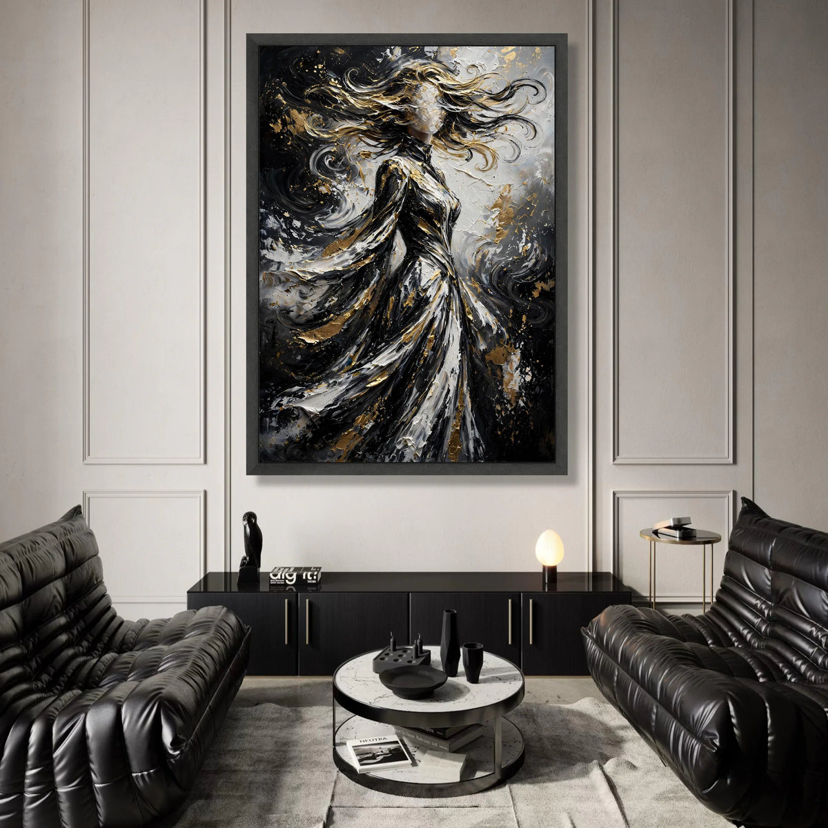 Abstract Woman Silhouette Canvas, Flowing Hair Art, Black White Gold Canvas, Modern Figurative Wall Art, Home Decoration Canvas Print Art