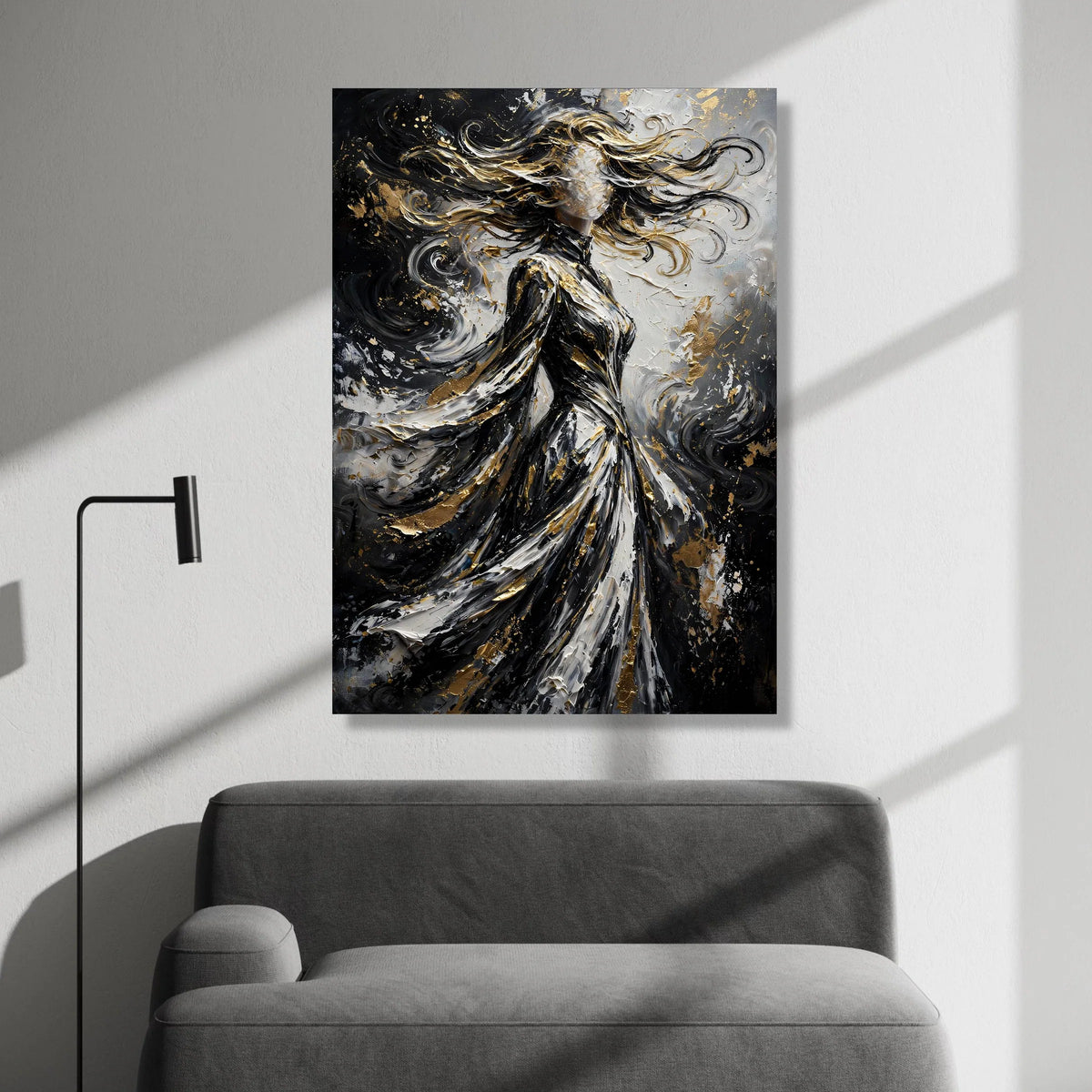 Abstract Woman Silhouette Canvas, Flowing Hair Art, Black White Gold Canvas, Modern Figurative Wall Art, Home Decoration Canvas Print Art