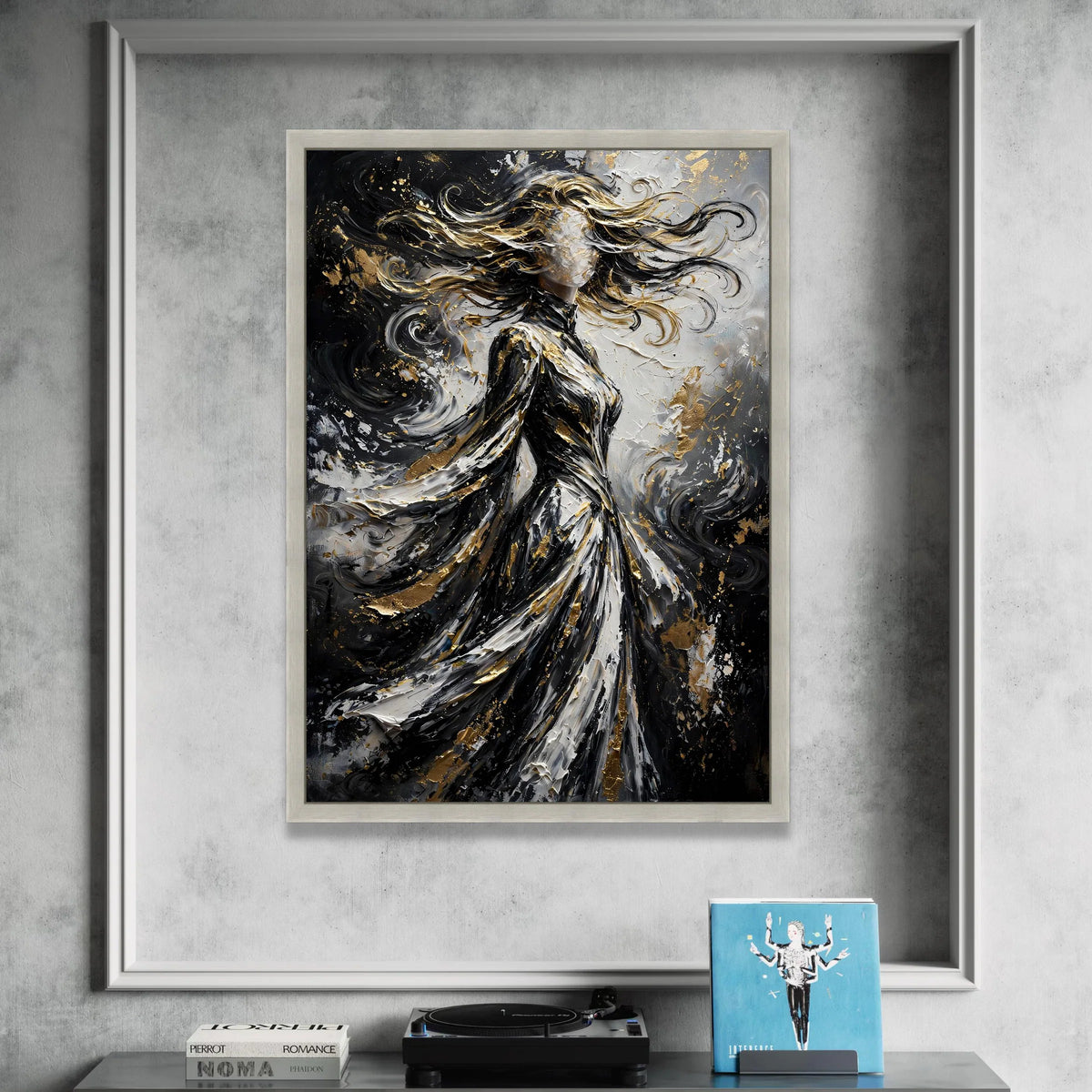 Abstract Woman Silhouette Canvas, Flowing Hair Art, Black White Gold Canvas, Modern Figurative Wall Art, Home Decoration Canvas Print Art