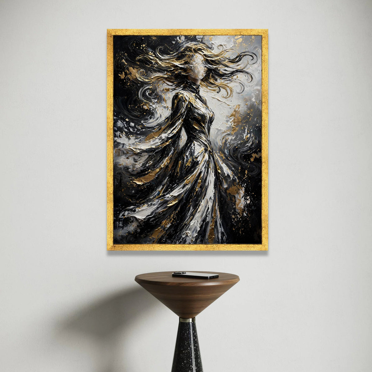 Abstract Woman Silhouette Canvas, Flowing Hair Art, Black White Gold Canvas, Modern Figurative Wall Art, Home Decoration Canvas Print Art