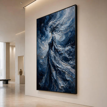 Ethereal Woman Blue Flowing Dress Canvas, Abstract Female Portrait Wall Art, Mystical Figure Painting, Dreamy Home Canvas Print Art