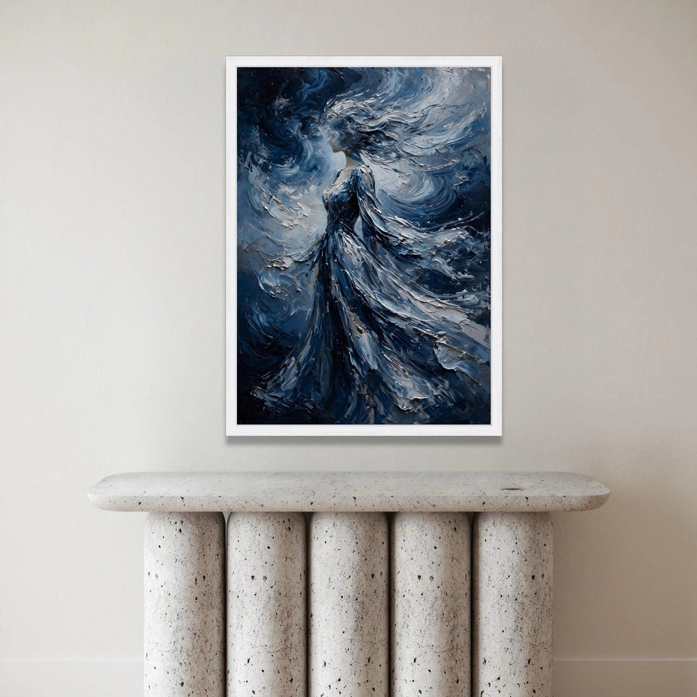 Ethereal Woman Blue Flowing Dress Canvas, Abstract Female Portrait Wall Art, Mystical Figure Painting, Dreamy Home Canvas Print Art