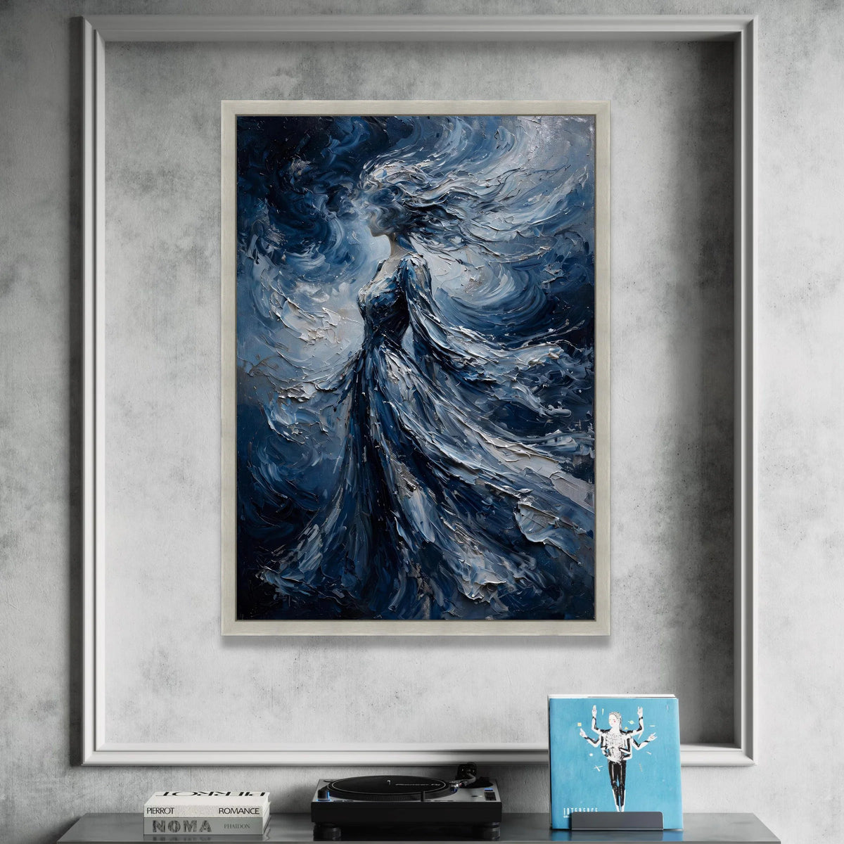 Ethereal Woman Blue Flowing Dress Canvas, Abstract Female Portrait Wall Art, Mystical Figure Painting, Dreamy Home Canvas Print Art