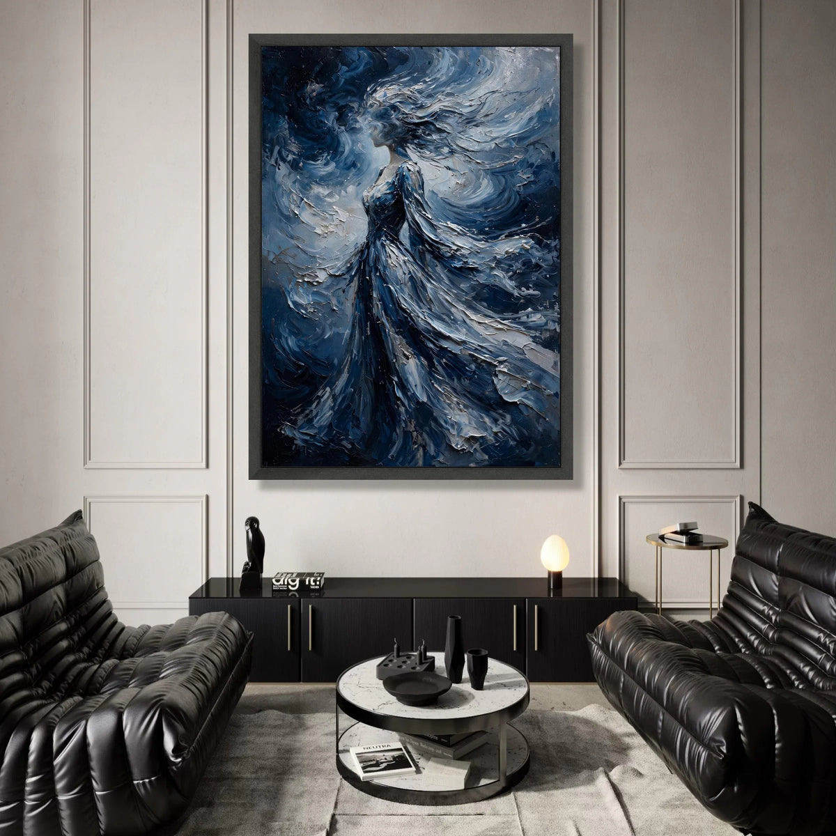 Ethereal Woman Blue Flowing Dress Canvas, Abstract Female Portrait Wall Art, Mystical Figure Painting, Dreamy Home Canvas Print Art