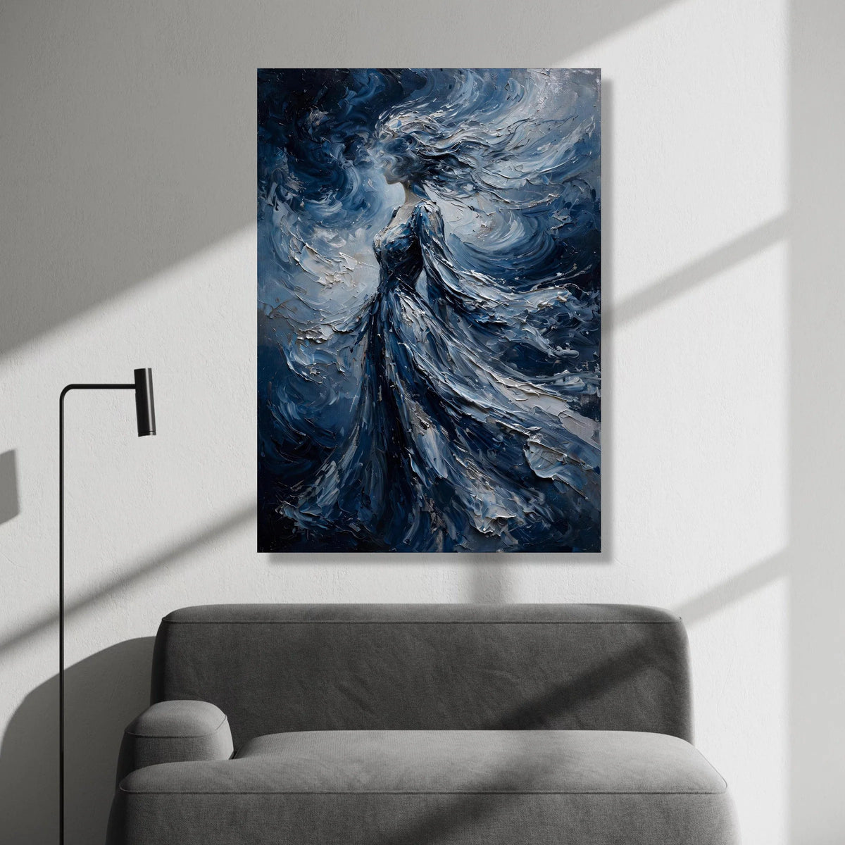 Ethereal Woman Blue Flowing Dress Canvas, Abstract Female Portrait Wall Art, Mystical Figure Painting, Dreamy Home Canvas Print Art
