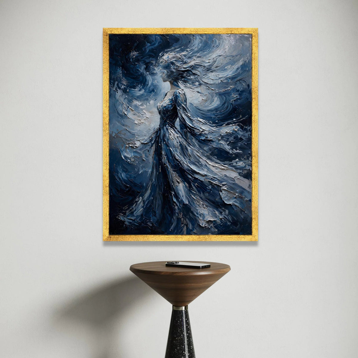 Ethereal Woman Blue Flowing Dress Canvas, Abstract Female Portrait Wall Art, Mystical Figure Painting, Dreamy Home Canvas Print Art