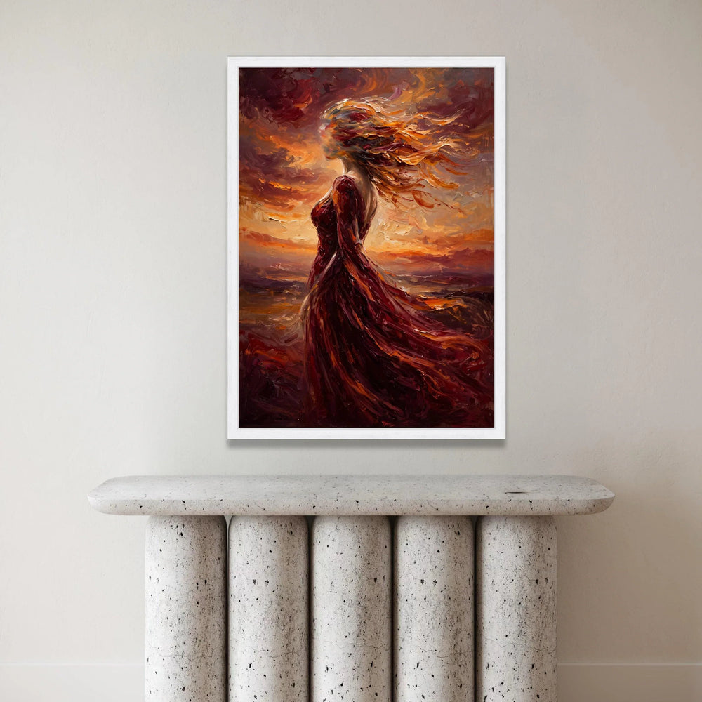Fiery Woman Silhouette Canvas, Abstract Flowing Dress Wall Art, Vibrant Sunset Colors Decoration, Modern Canvas for Living Canvas Print Art
