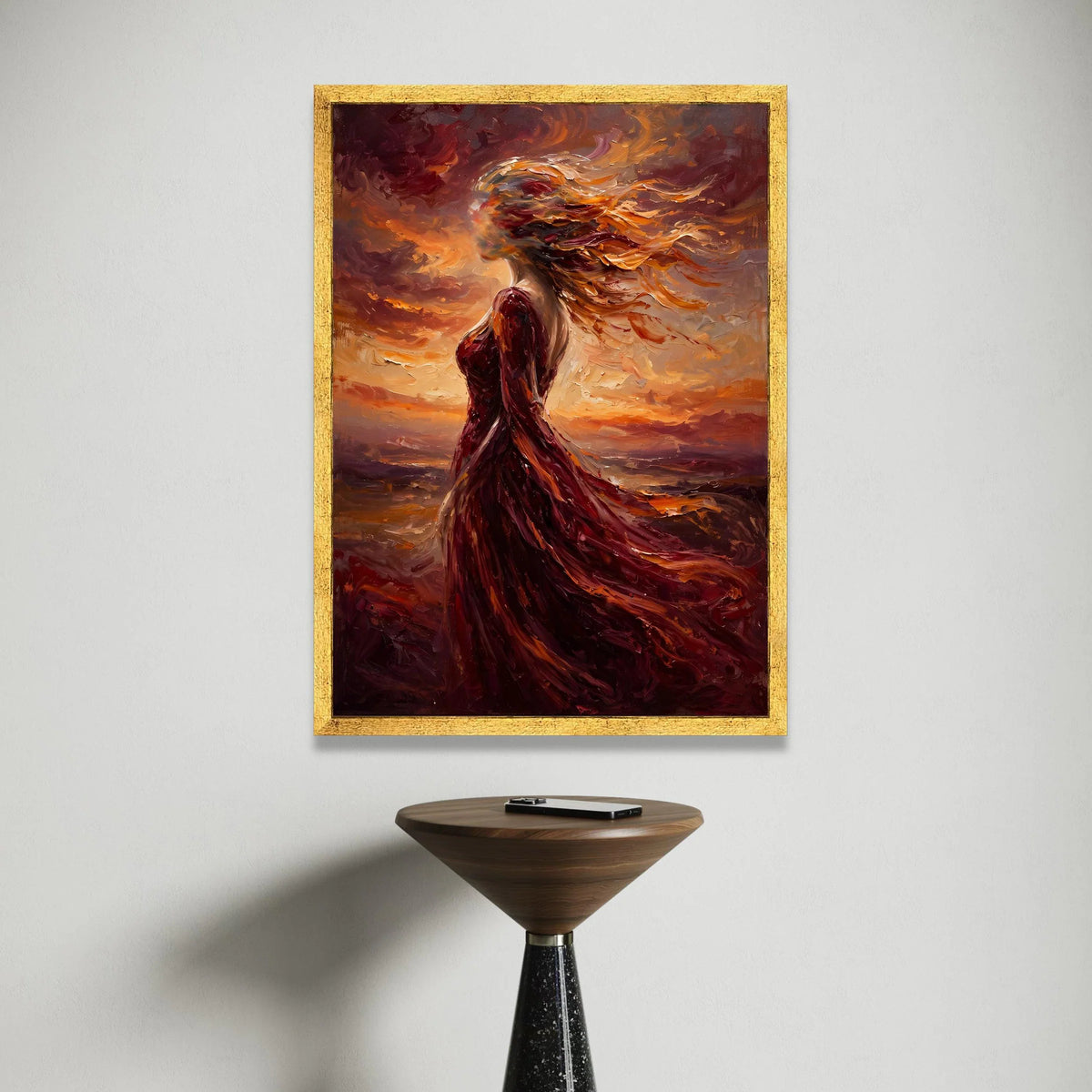 Fiery Woman Silhouette Canvas, Abstract Flowing Dress Wall Art, Vibrant Sunset Colors Decoration, Modern Canvas for Living Canvas Print Art