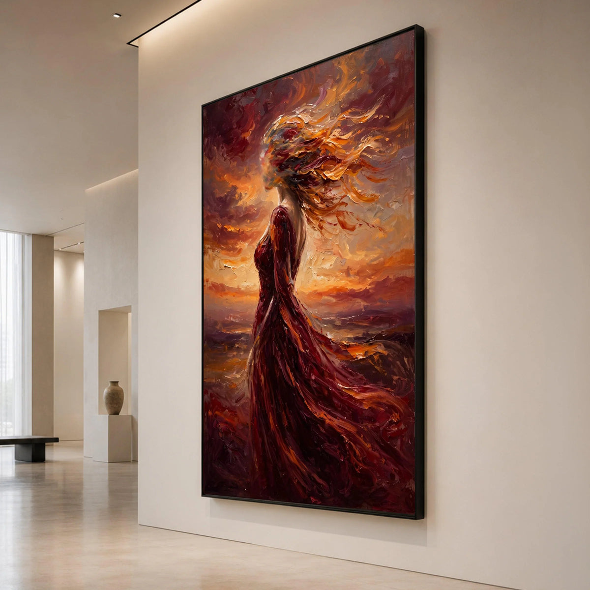 Fiery Woman Silhouette Canvas, Abstract Flowing Dress Wall Art, Vibrant Sunset Colors Decoration, Modern Canvas for Living Canvas Print Art